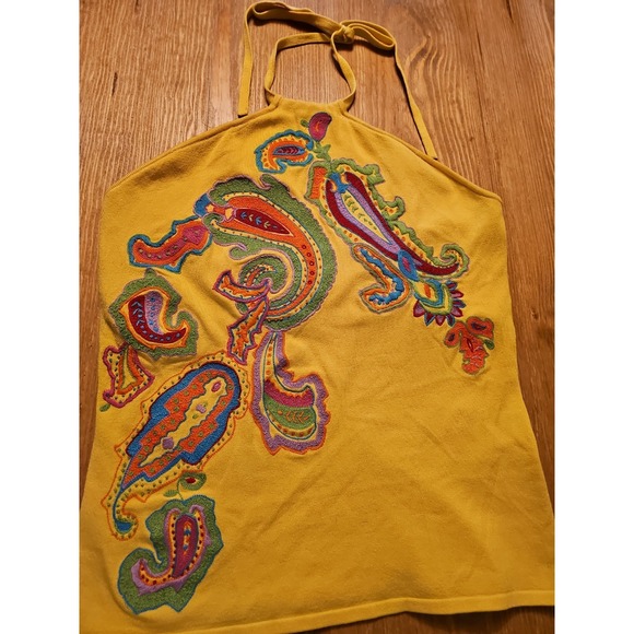 Polo Ralph Lauren Tops - Polo Ralph Lauren Silk Yellow Embroidered Women Halter Top Size LARGE